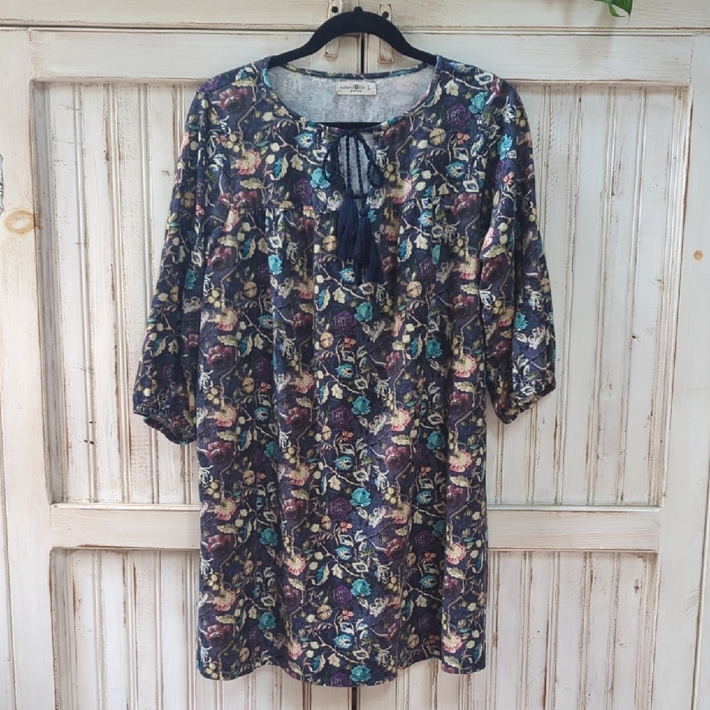 Natural Life, Navy Floral Boho Mini Dress. Size Large